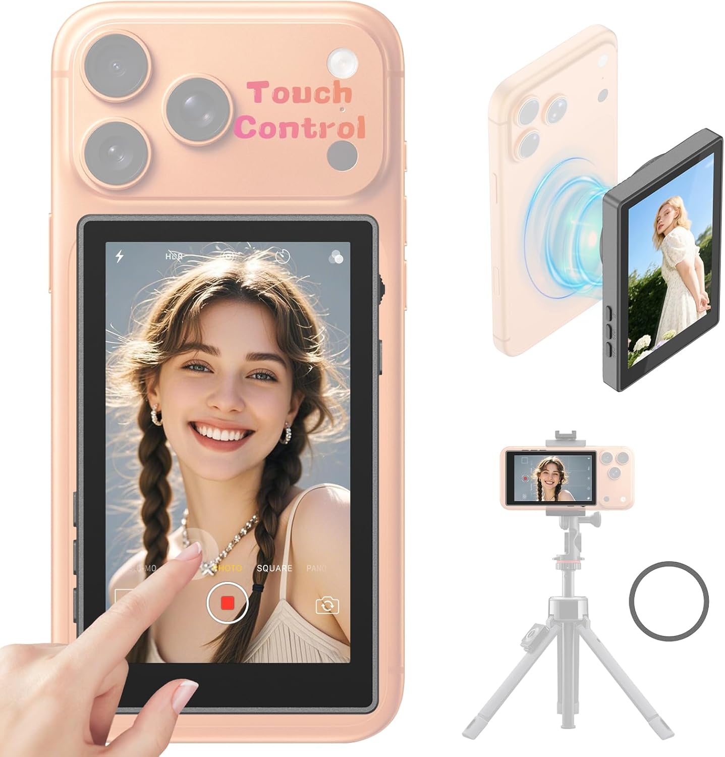 Selfie Monitor Screen Compatible with iPhone 17 and Below & Android, Magnetic Touchscreen Back Camera Vlog Monitor,4K 60fps,164ft Range,1500mAh,Selfie Screen for Vlog Live Stream TikTok YouTube(Black)