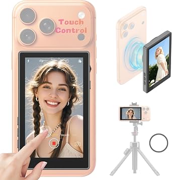 Selfie Monitor Screen Compatible with iPhone 17 and Below & Android, Magnetic Touchscreen Back Camera Vlog Monitor,4K 60fps,164ft Range,1500mAh,Selfie Screen for Vlog Live Stream TikTok YouTubeBlack