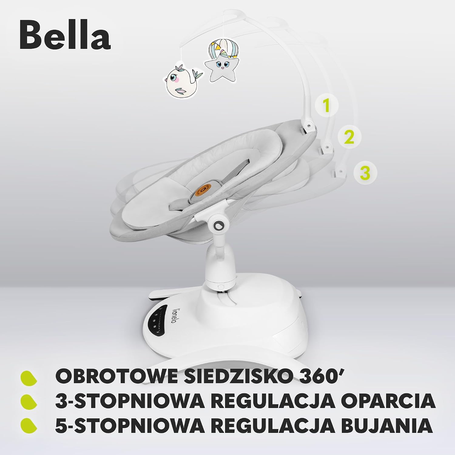 LIONELO Bella Elektryczny Obrotowy Bujaczek 360 dla Niemowląt do 9 kg Regulacja Oparcia 5 Prędkości Bujania Pasy Bezpieczeństwa Wykrywanie Ruchu Antypoślizgowy 12 Melodii Pilot
