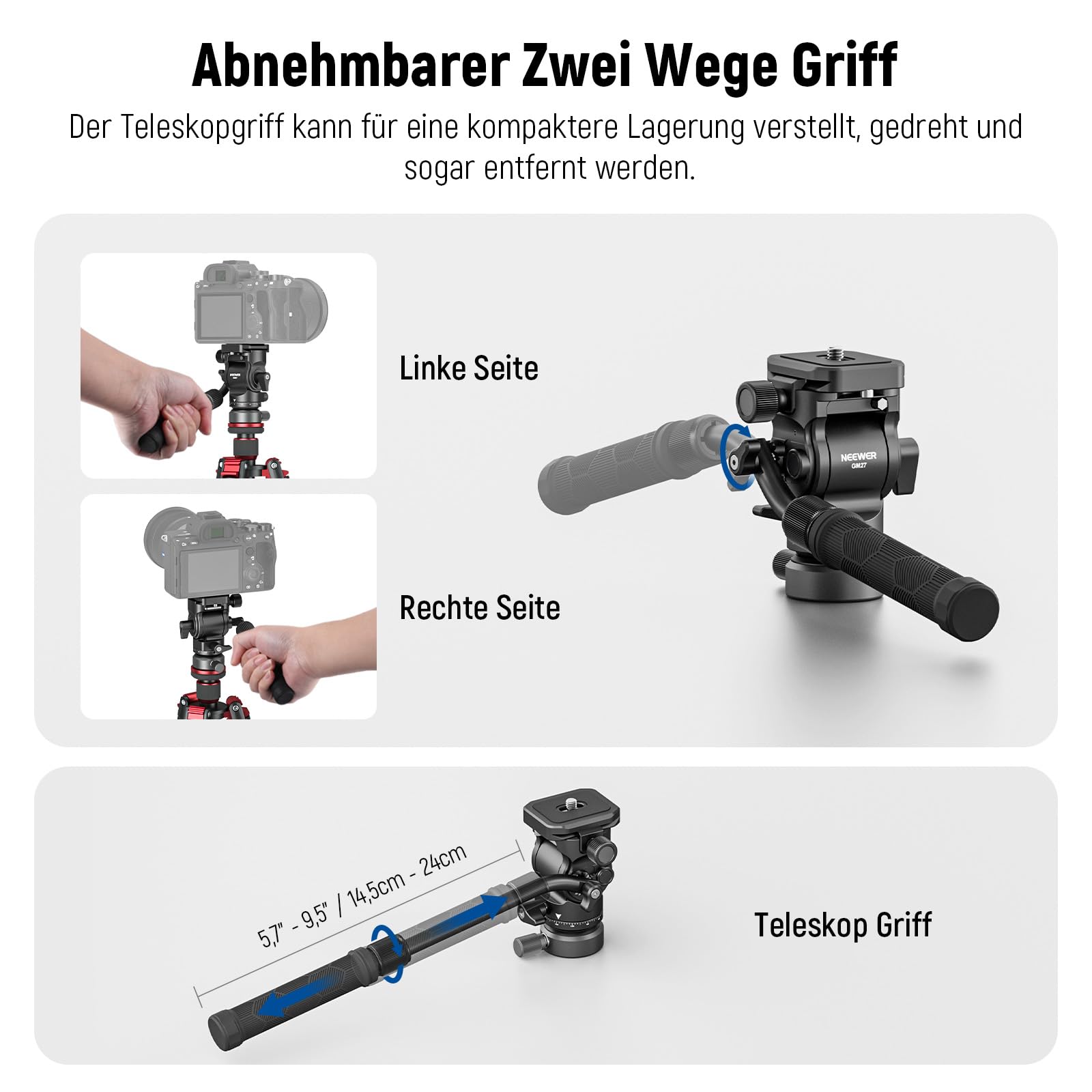 NEEWER Stativ Fluidkopf mit +/-10° Nivellierbasis, Metall Drag Pan Tilt Kopfhalterung mit Arca Typ Schnellwechselplatte, Teleskopgriff, Reinigungstuch für kompakte DSLR Kamera/Cam, max. Last 4kg, GM27