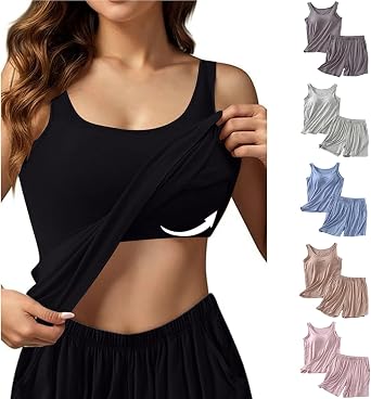 Ladies Summer Pajamas Sets 2Piece Tank Top with Built In Bra for Women Loungewear Tank Top & Shorts Sleepwear