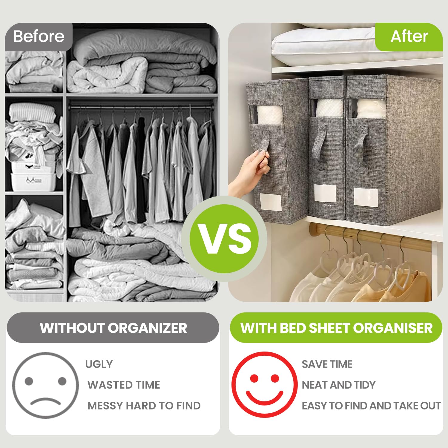 Boite Rangement Drap de Lit, 6 Pièces Sac de Rangement Vetement, Organisateur de Drap Pliable, Pouvant être Rangée Sous Lit, Organisateur Placard Vetement avec étiquette & Poignée, Gris