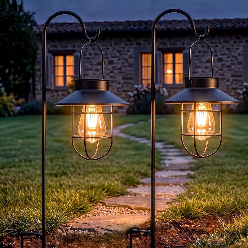 Solar Lantern Garden Decor ,Outdoor Waterproof,with Shepherd’s Hook | Auto On/Off at Dusk, 8-12 Hr Runtime,Solar-Powered Vintage Edison bulb,Make a Great Gift for Patio backyard and Garden