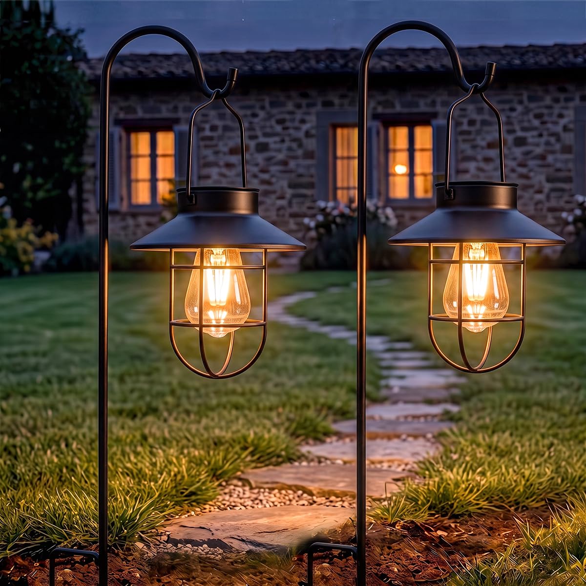 Lanterna nera olare, da appendere, da giardino, con lampadina Edison, confezione da 2 pezzi, include gancio da pastore, regalo ideale per donne, mamma, nonna, esterni, per cortile, patio, cortile