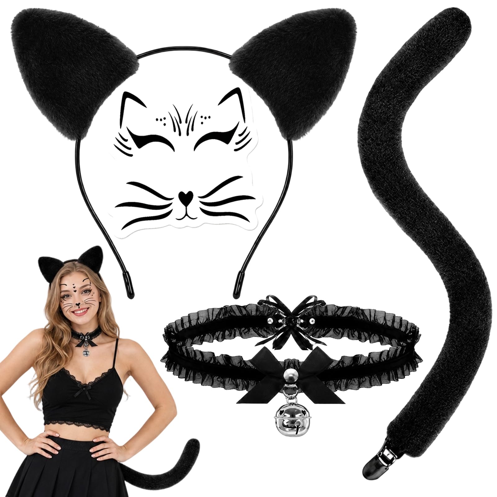 4PCS Black Cat Costume Set, Cat Ears Headband Tail Collar Face Sticker