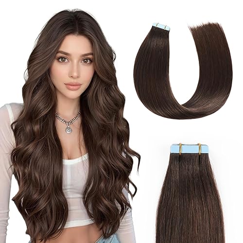 Sunya Extensiones de cabello humano adhesivas de 18 pulgadas, cabello humano Remy sedoso y lacio, sin costuras, extensiones de cabello con trama de