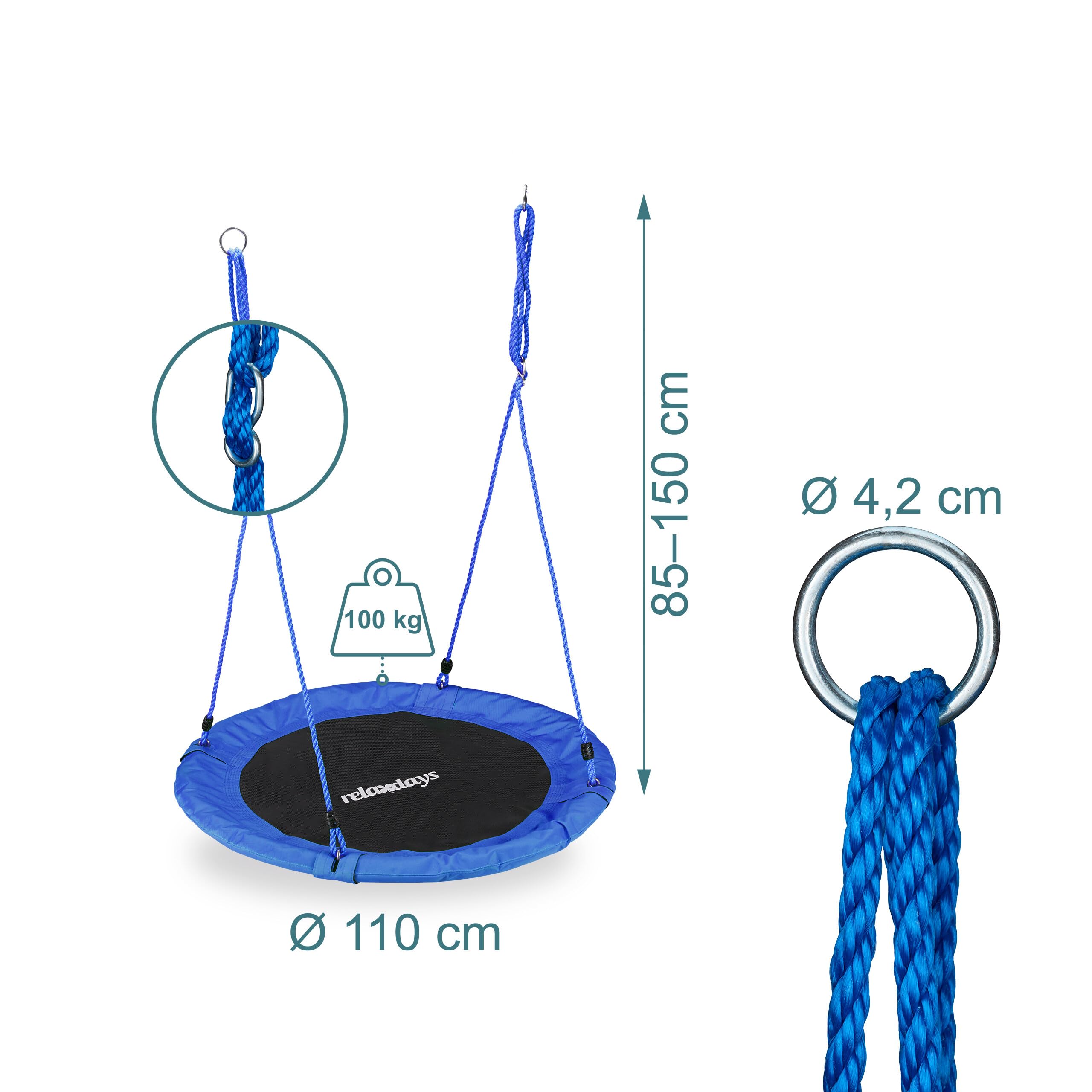 Relaxdays Columpio Jardín Nido de Altura Ajustable para Niños y Adultos, hasta 100 kg, Azul, ø 110 cm, Juventud Unisex