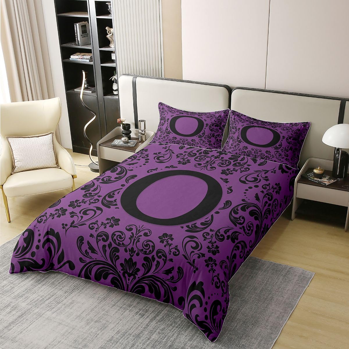 Homewish Czarne gotyckie zestawy pościeli adamaszek rozmiar king size litera O bawełna poszewka na kołdrę boho kwiatowy monogram fioletowa poszewka na kołdrę dla dzieci dorosłych, estetyczny zestaw