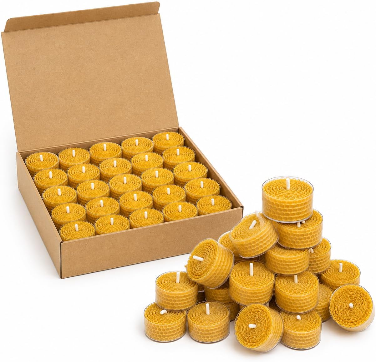 Hand Rolled Beeswax Tea Light Candles 50 Pack Bulk, Natural Non-Toxic Honeycomb Pure Beeswax Tealights, Unscented Honey Scent Yellow Candles, 4-Hour Burn Air Purifying Candles for Wedding & Events