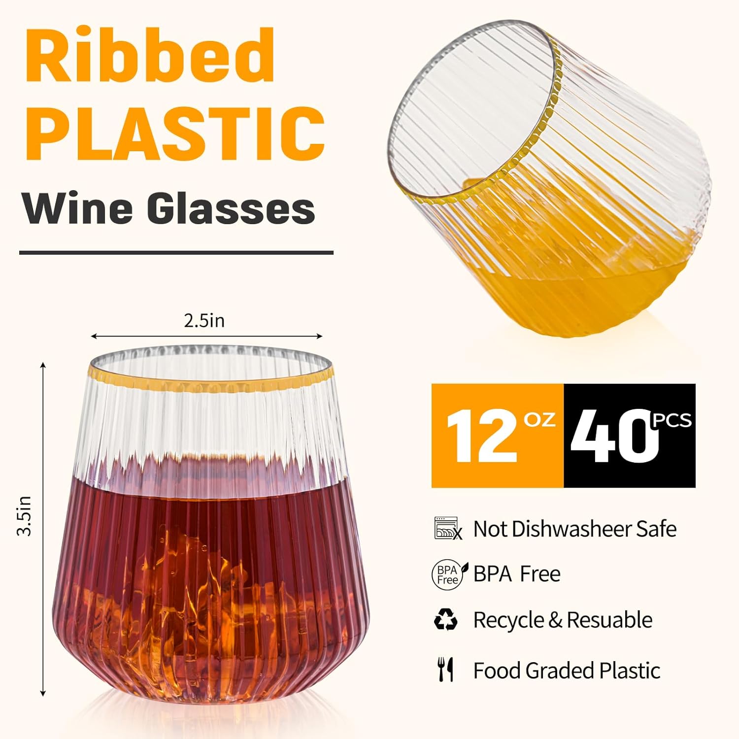 40 Pcs Origami Ripple Plastic Wine Glasses with Gold Rim12 Oz Unbreakable Stemless Clear Ribbed Cups Disposable Champagne Whiskey Glasses Plastic Cups for Party, Wedding, Bar, Home, Office, Daily Use