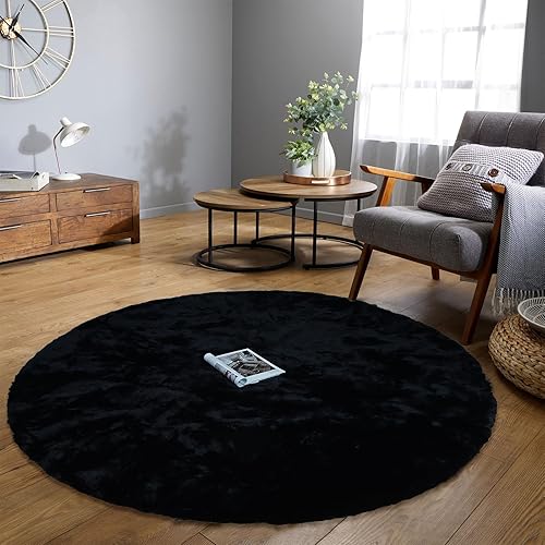 Miniatura 2 de Latepis Alfombras redondas de 6 pies, color negro, alfombra para dormitorio, alfombra lanuda lavable, alfombra de pelo sintético de conejo, alfombra
