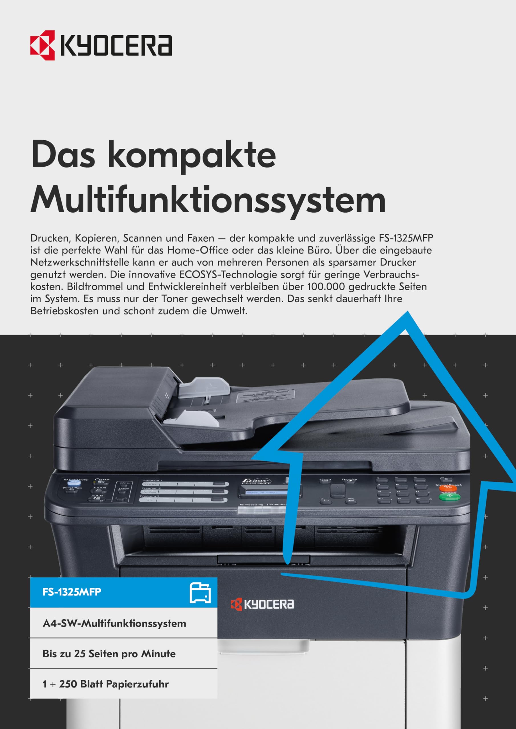 Kyocera Ecosys FS-1325MFP Laserdrucker Multifunktionsgerät 4-in-1 Schwarz Weiss: Multifunktionsdrucker mit Duplex, Drucker Scanner Kopierer, Faxgerät