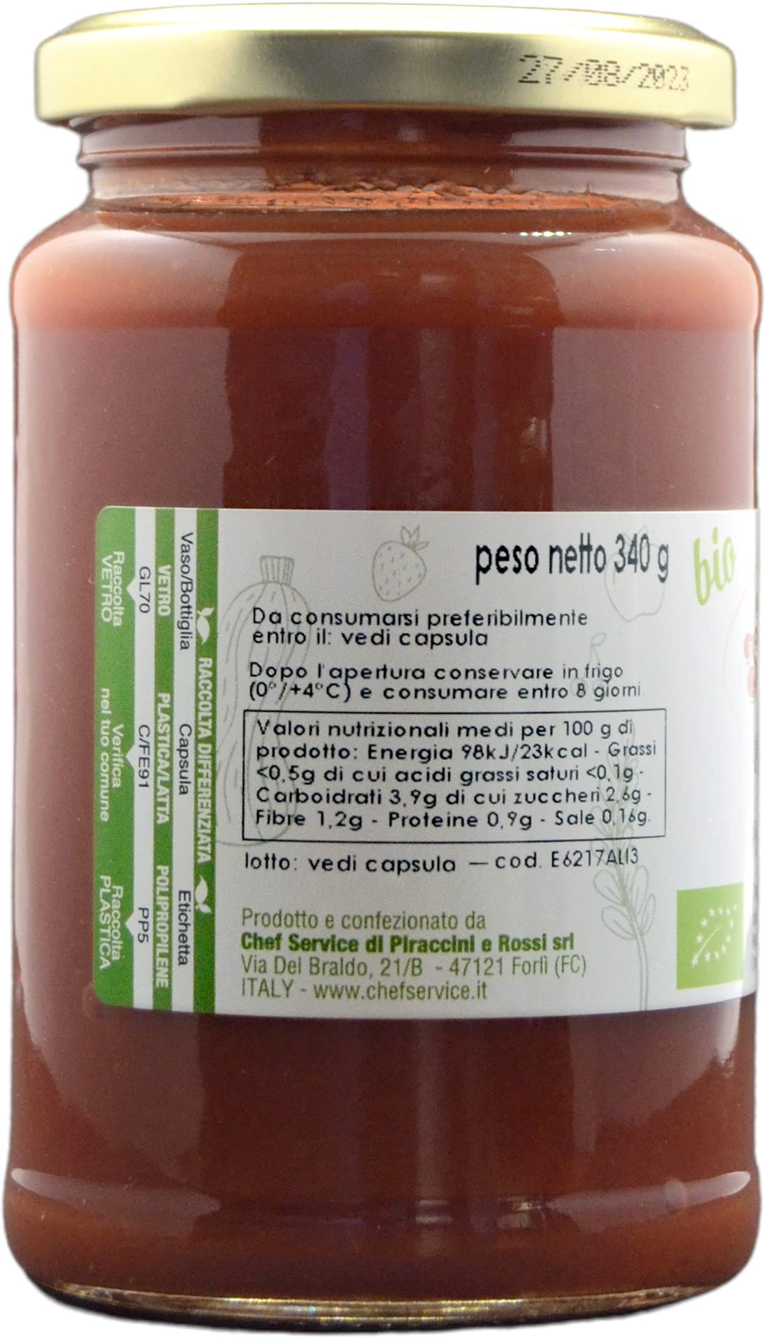 Passata di pomodoro Chef Service biologica ed artigianale, confezione da 3 pezzi da 340gr