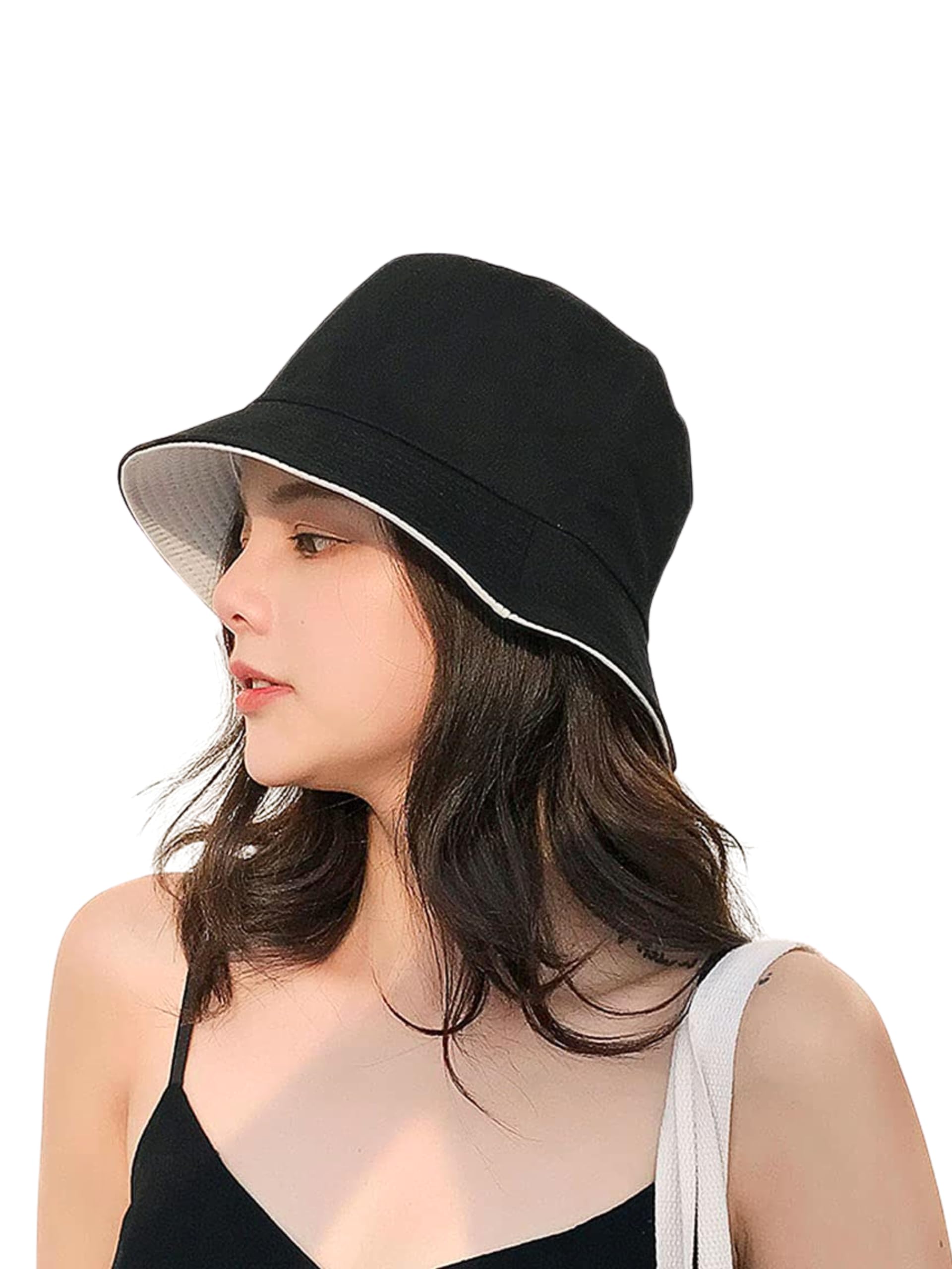 Reversible Bucket Hat for Women, Men & Teens | 2-in-1 Black & Cream Beach Sun Hat | Lightweight Travel Fisherman Cap for Outdoor, Summer & Vacation