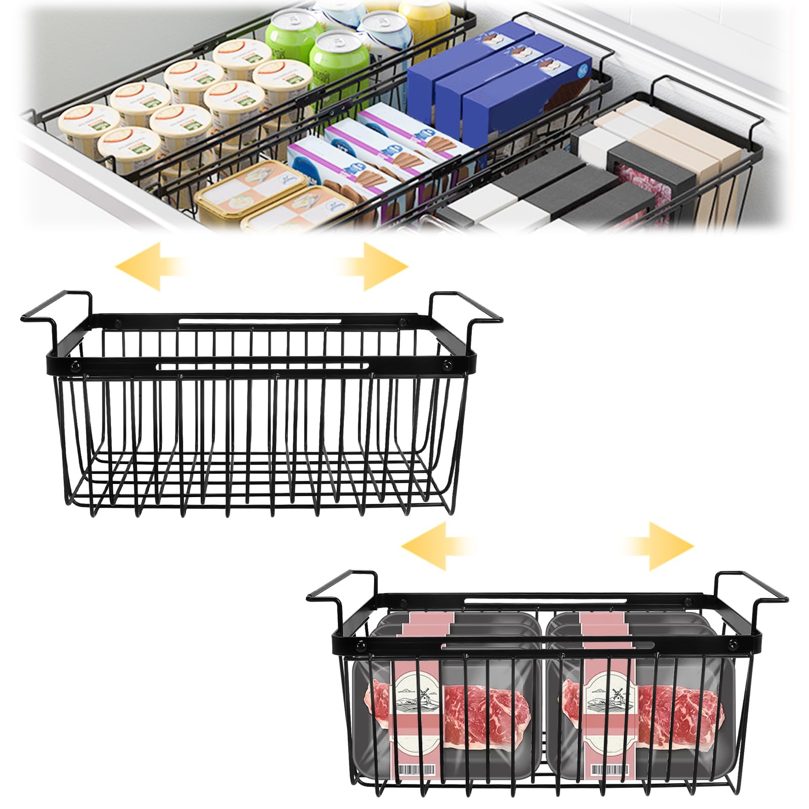 2 Pcs Panier Congelateur Coffre, Extensibles de 39 à 59,5 cm, Boite Rangement Congelateur Coffre Boite de Rangement pour Congelateur Coffre Trier les Produits Congelés (Noir)