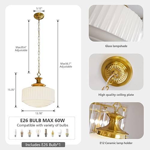 Miniatura 6 de Lámpara colgante de vidrio de leche de latón vintage, candelabro de vidrio plisado blanco de 13.8 pulgadas, luces colgantes antiguas, para