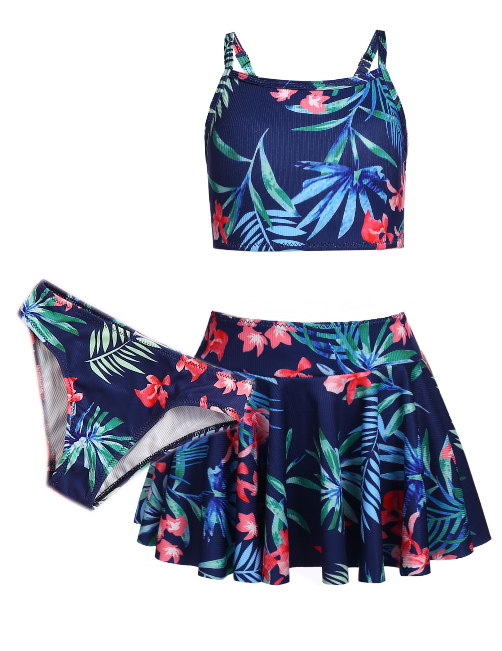 Arshiner Filles Bikini Set 3 Pièces Maillots de Bain d'Été Enfants Trois Pièces Tankini avec Jupe Imprimé Fleur Maillots de Bain pour Filles 5-14 Ans