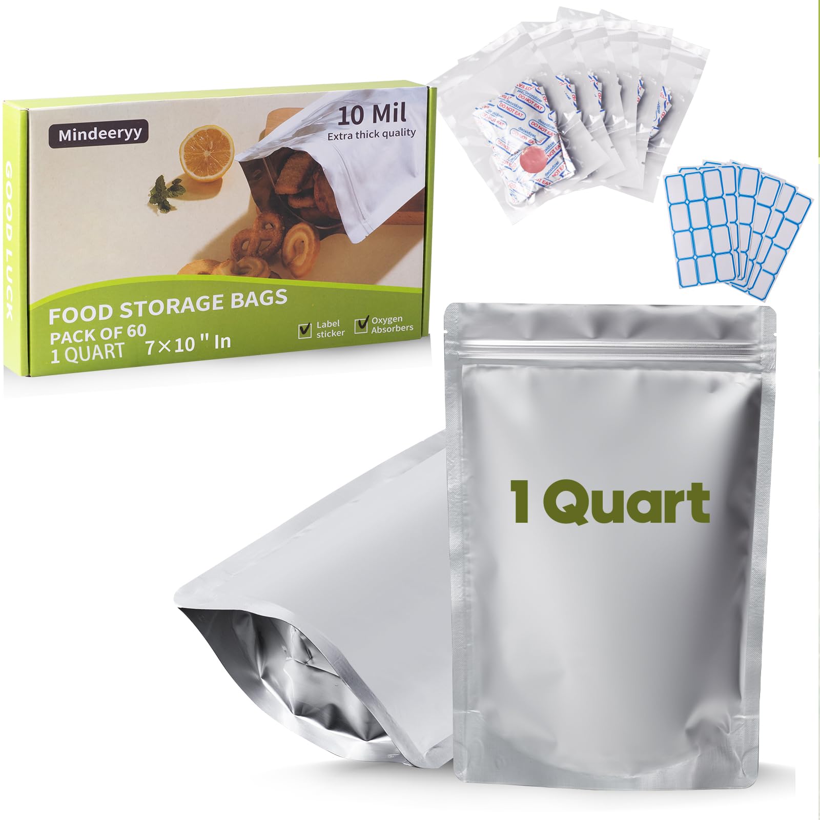 60pcs 1 Quart Mylar Bags for Food Storage with Oxygen Absorbers 400cc and Labels, Extra Thick 10 Mil - 7x10 Inch Zipper Pouches Resealable for Long