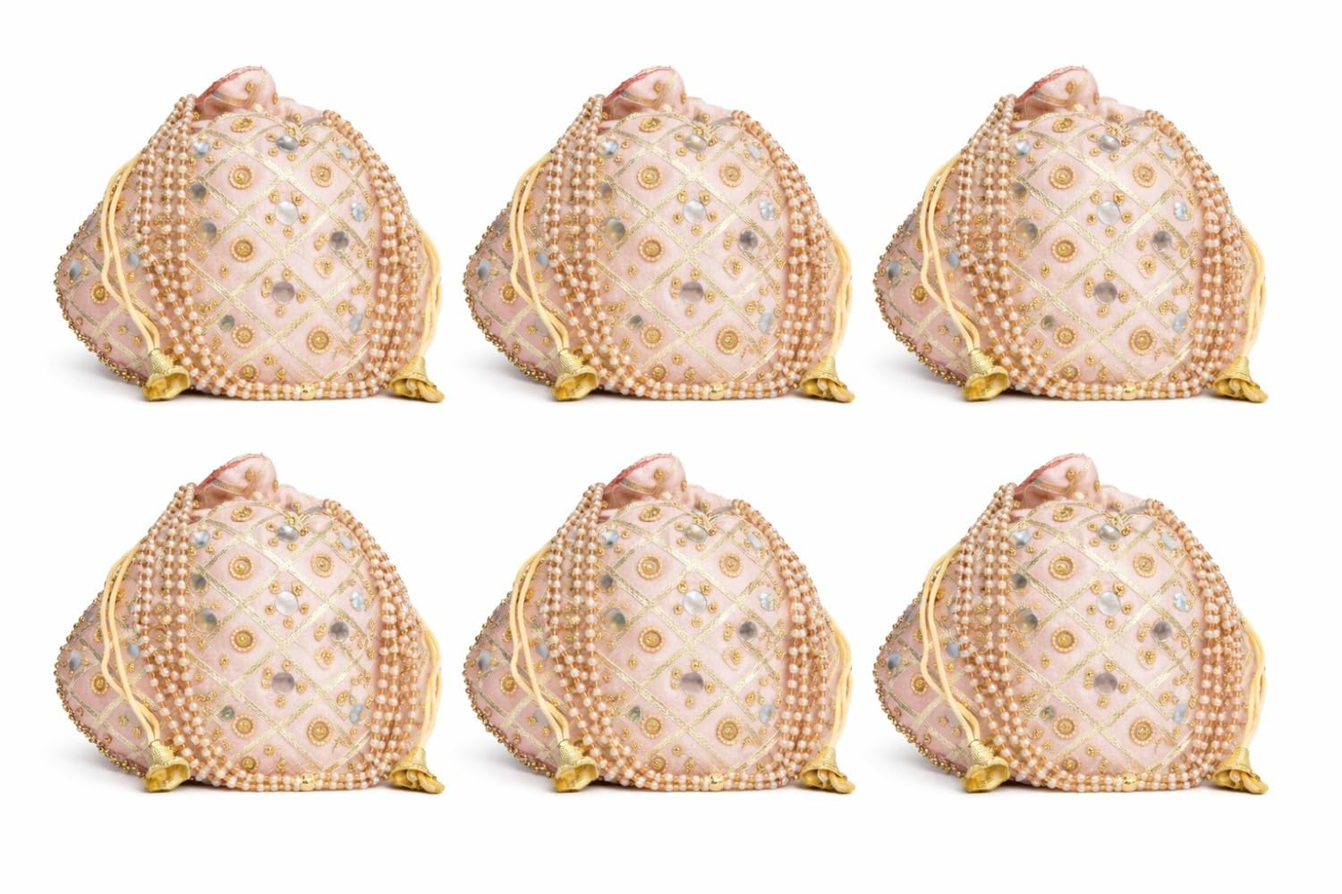 JDDCART Set of 6 Pink Mirror Wedding Return Gifting Potli Bags Drawstring Closure-image-40