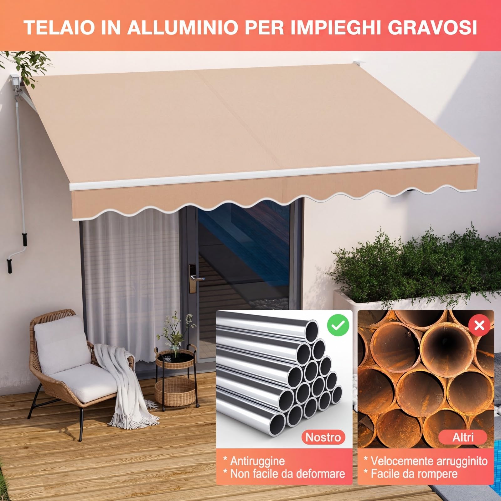 RELAX4LIFE Tenda da Sole Avvolgibile 295x250cm Base Parete/Soffitto Aluminio Beige