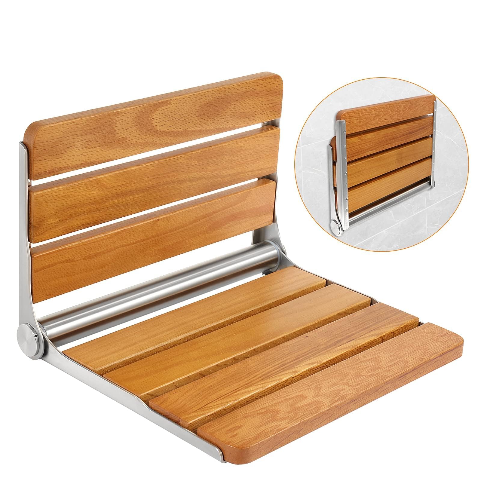 WICHEMI Folding Shower Seat, 16.1" Wall Mounted Foldable Shower Chair, Wooden Fold Down Shower Bench for Seniors Disabled Pregnant