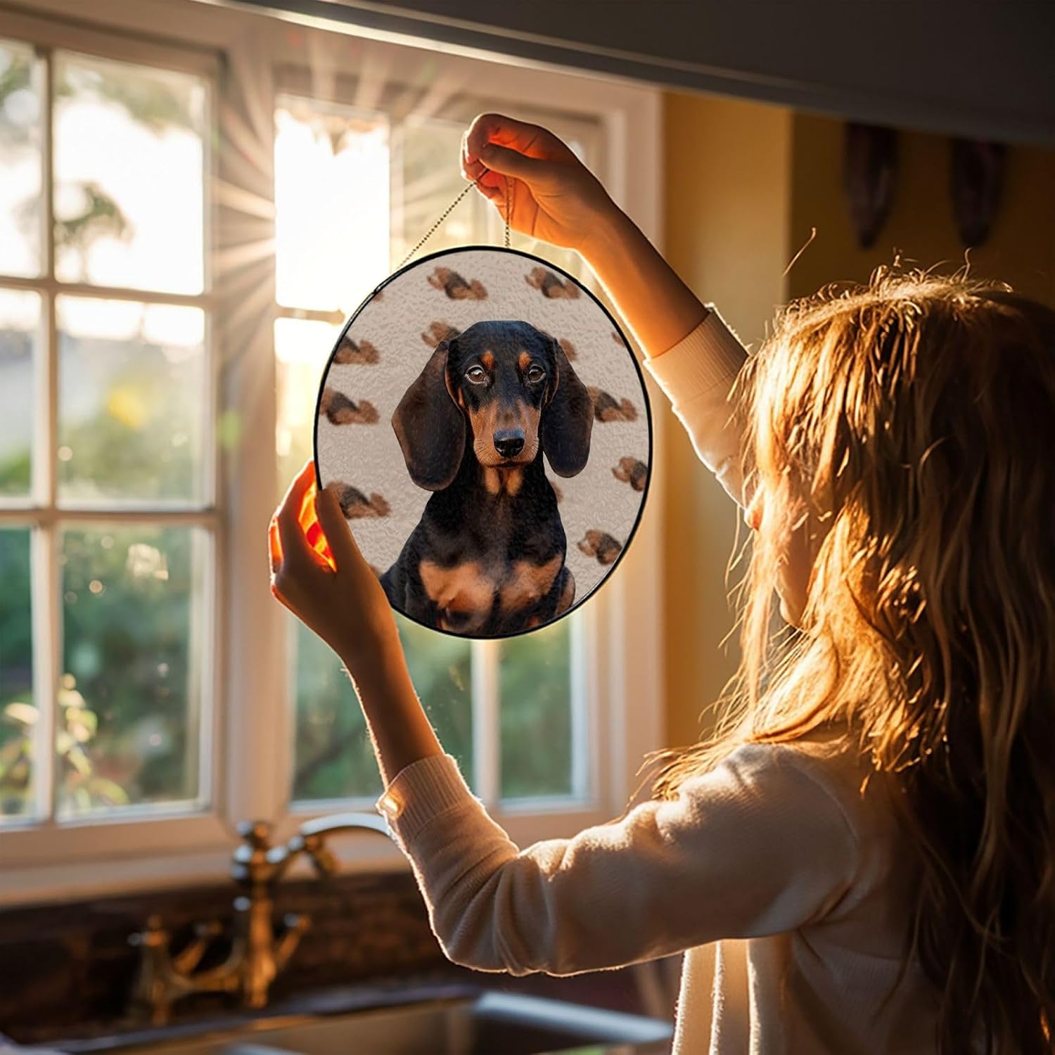 Stained Glass Window Hanging 6in（15cm）, Dachshund Dog Glass Suncatcher for Home Decor, Indoor Wall Art Glass Panel with Metal Chain and Hooks, Sun Catcher Ornament Birthday Gifts