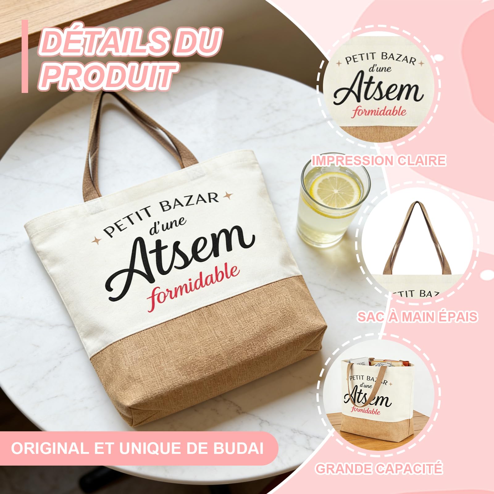 Sac Cabas Merci Atsem Maternelle Grande Capacité Toile Cadeau Enseignante