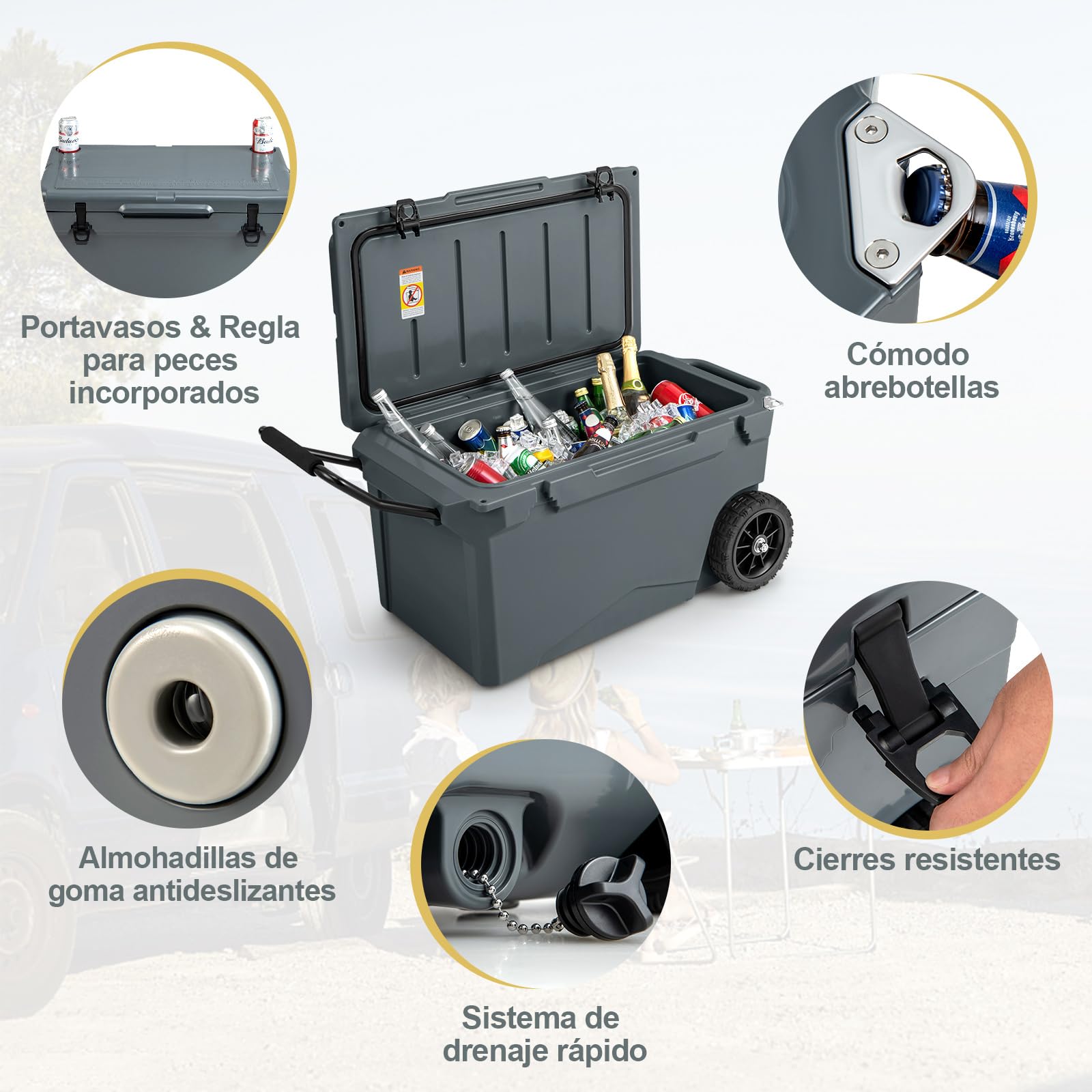 COSTWAY Enfriador Rotomoldeado, Hielera Portátil con Portavasos Integrados, Abridor de Botellas, Retención de Hielo Durante 5-7 Días, a Prueba de Fugas para Camping, Picnic, Pesca