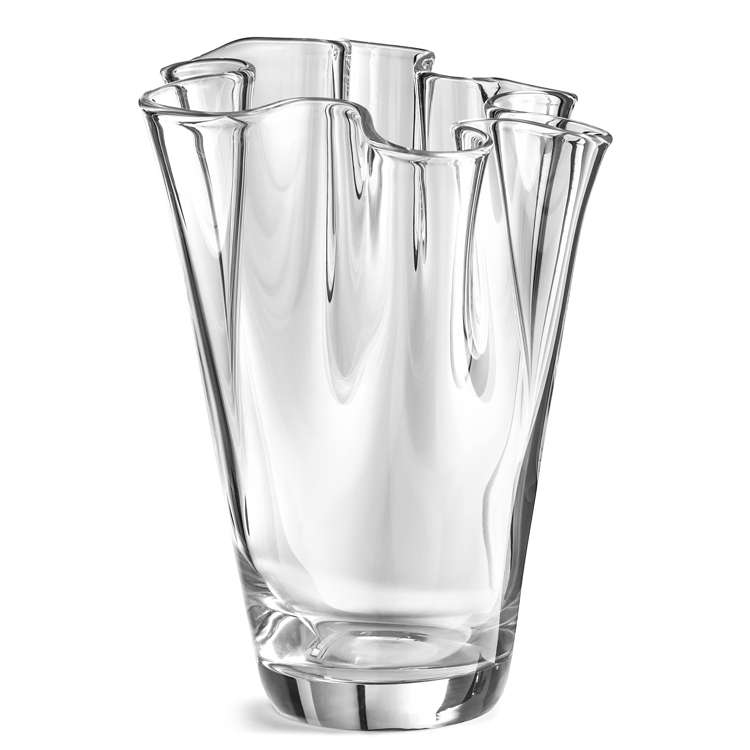 Kubus White Glass Flower Vase 23Cm, Unique Design With Wavy Top, Robust & Heavy, Mouth Blown, Ideal For Tulips, Wedding, Centerpieces