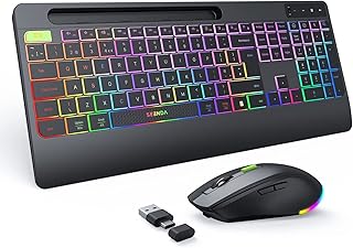 seenda 2.4G Wireless Keyboard and Mouse Combo with Rainbow Backlit, Rechargeable Keyboard and Mice Set UK Layout Full Size with 2 in 1 USB C &USB A Dongle and Wirst Rest, Black