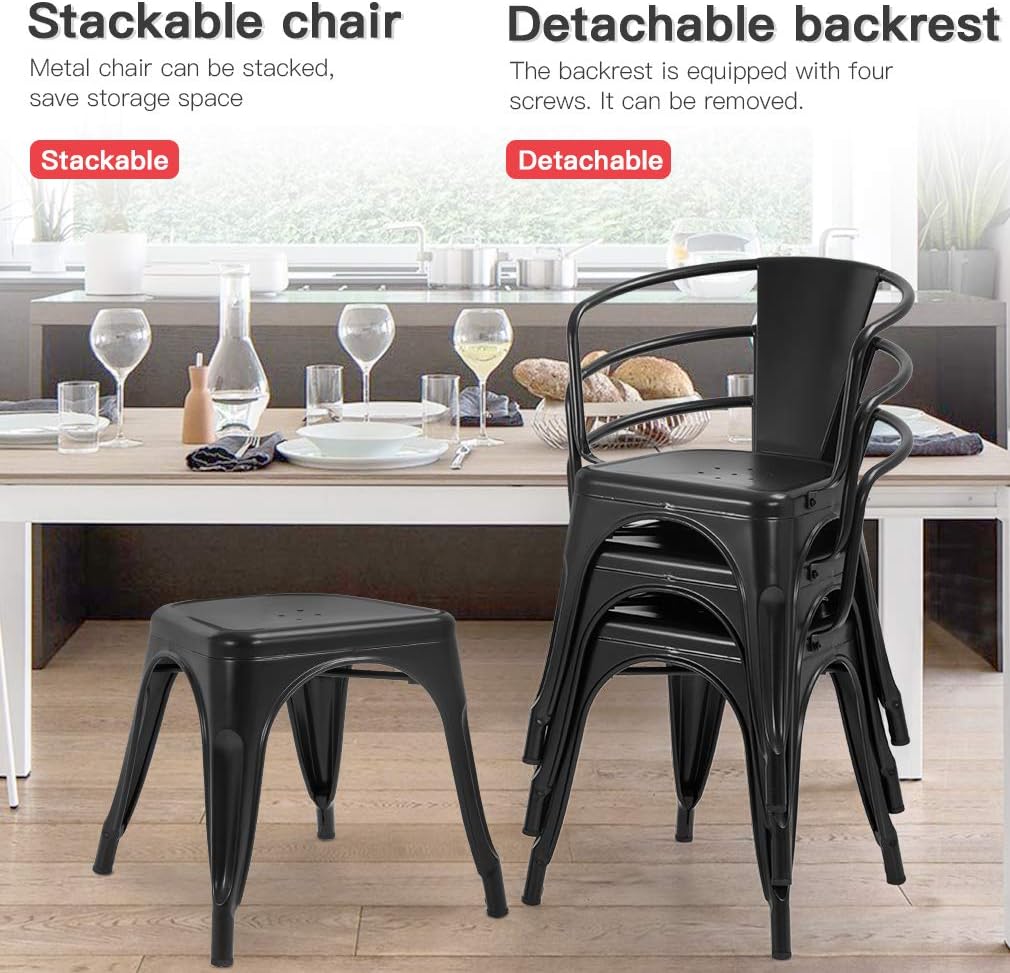 FDW Dining Chairs Set of 4 Metal Chair For Indoor, Outdoor, Patio, Kitchen, 18 Inch Seat Height Restaurant Chair, Tolix Side Stackable Bar Chairs 330LBS Weight Capacity,Black