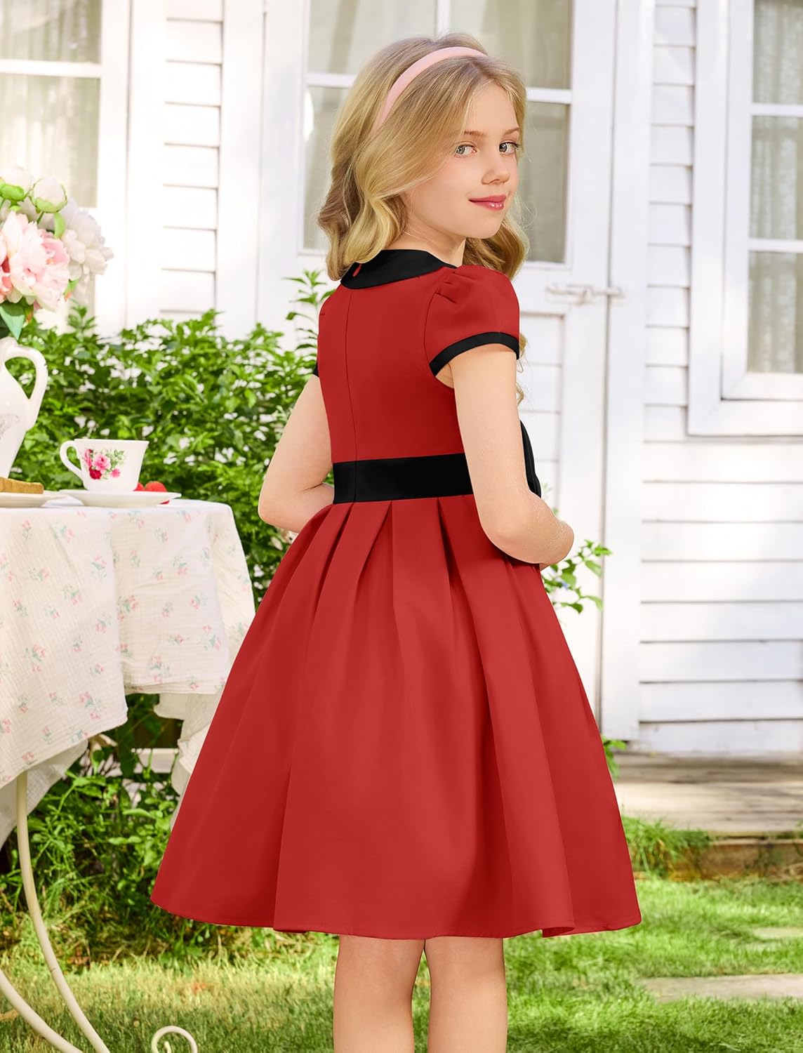 ODIZLI Kids Girls 1950s Retro Vintage Dress Short Puff Sleeve Contrast Panel Swing Party Dresses - Image 4