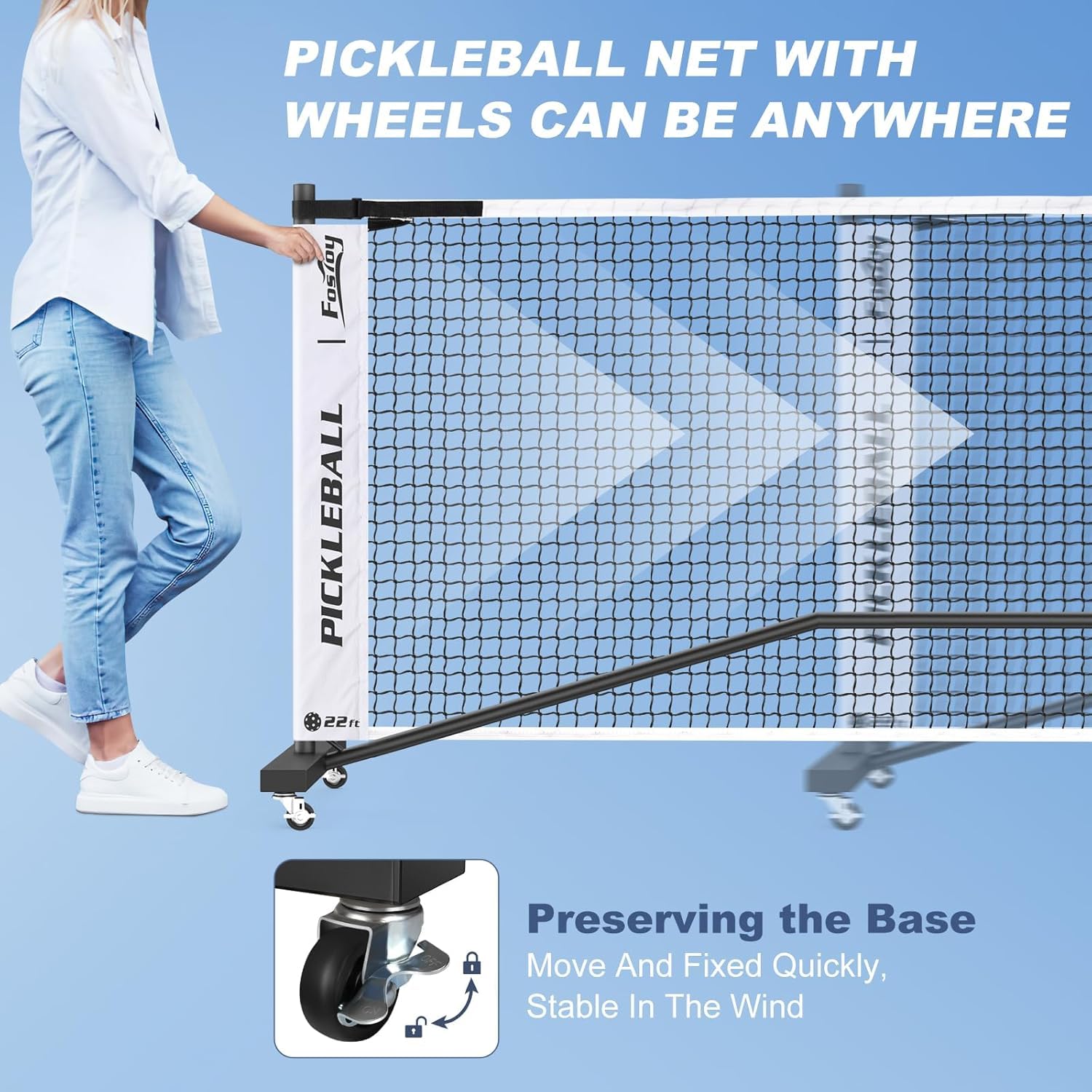 Fostoy Set di retine per pickleball con ruote, dimensioni regolamentari, 4 racchette e 6 palle da sottaceto, borsa per il trasporto, telaio in metallo stabile e rete in polietilene a 18 strati per