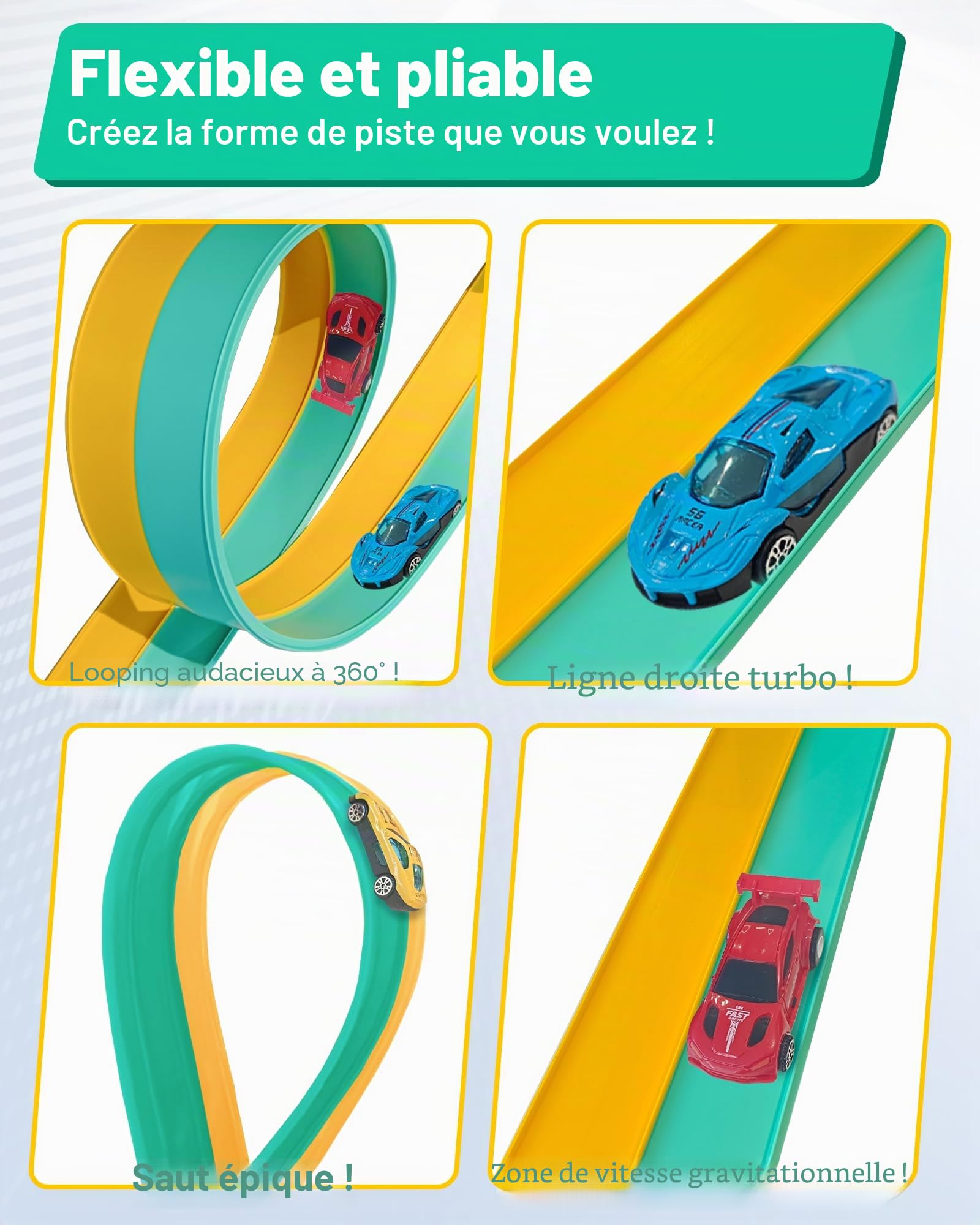 snookids Circuit de course flexible pour enfants de 3, 4, 5, 6 ans, 4,6 m, avec 4 voitures jouet, cadeau pour garçons et filles