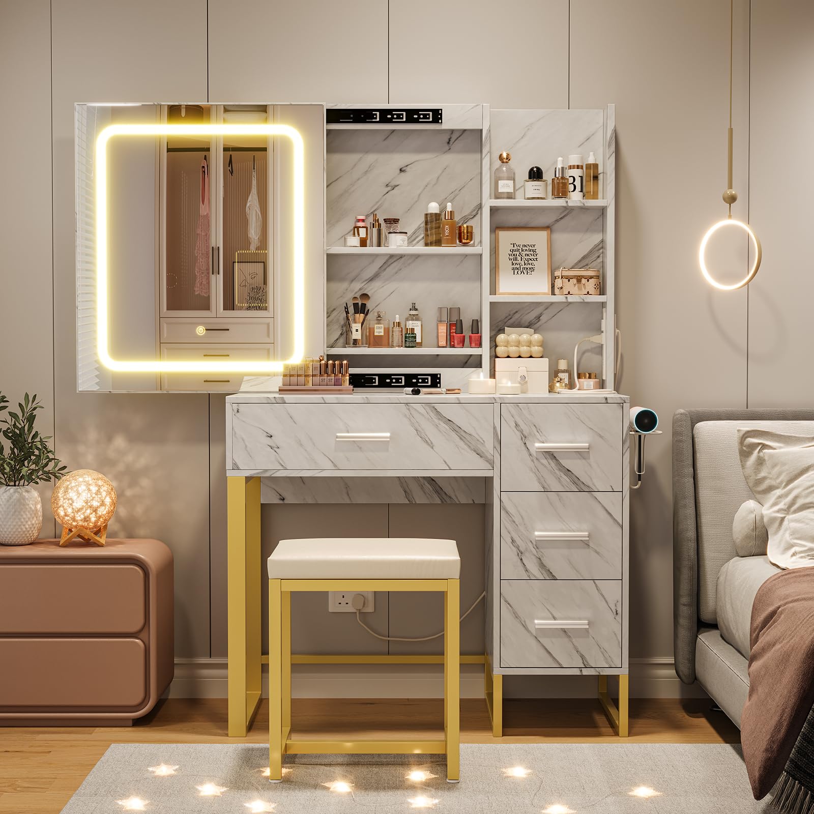 Patikuin Makeup Vanity Desk With Lights & Outlet - Marble Black Table With Mirror, 2 Drawers