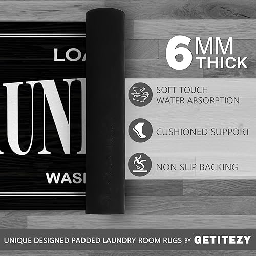 Miniatura 5 de Alfombra antideslizante para lavandería, decoración de lavandería, alfombra lavable para lavandería, baño, vestíbulo, cocina, 17 x 47 pulgadas, Negro