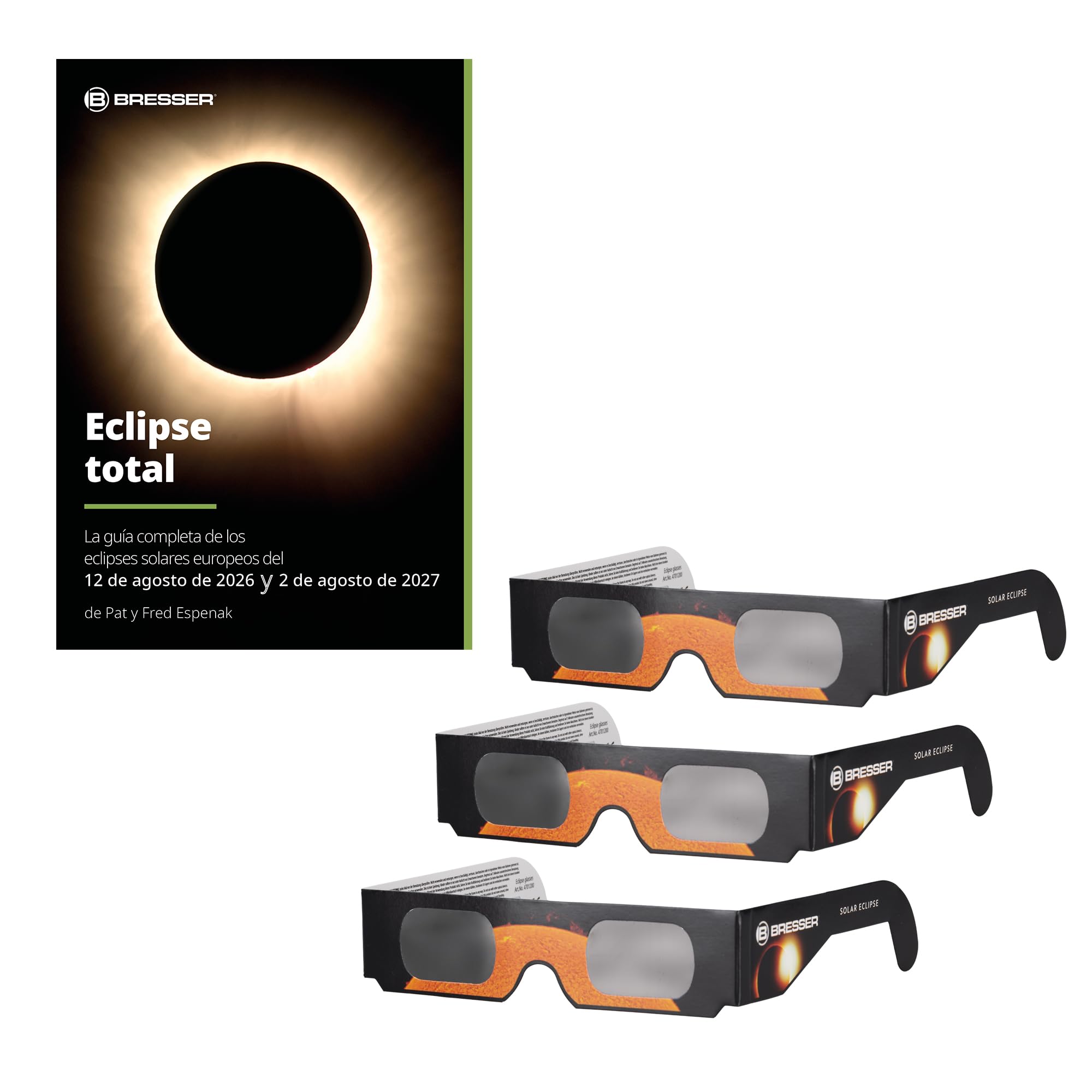 Bresser Solar Eclipse Booklet Spanish 2026 2027 with 3 Solar Eclipse Glasses EN ISO 12312 2 for Safe Sun Observation