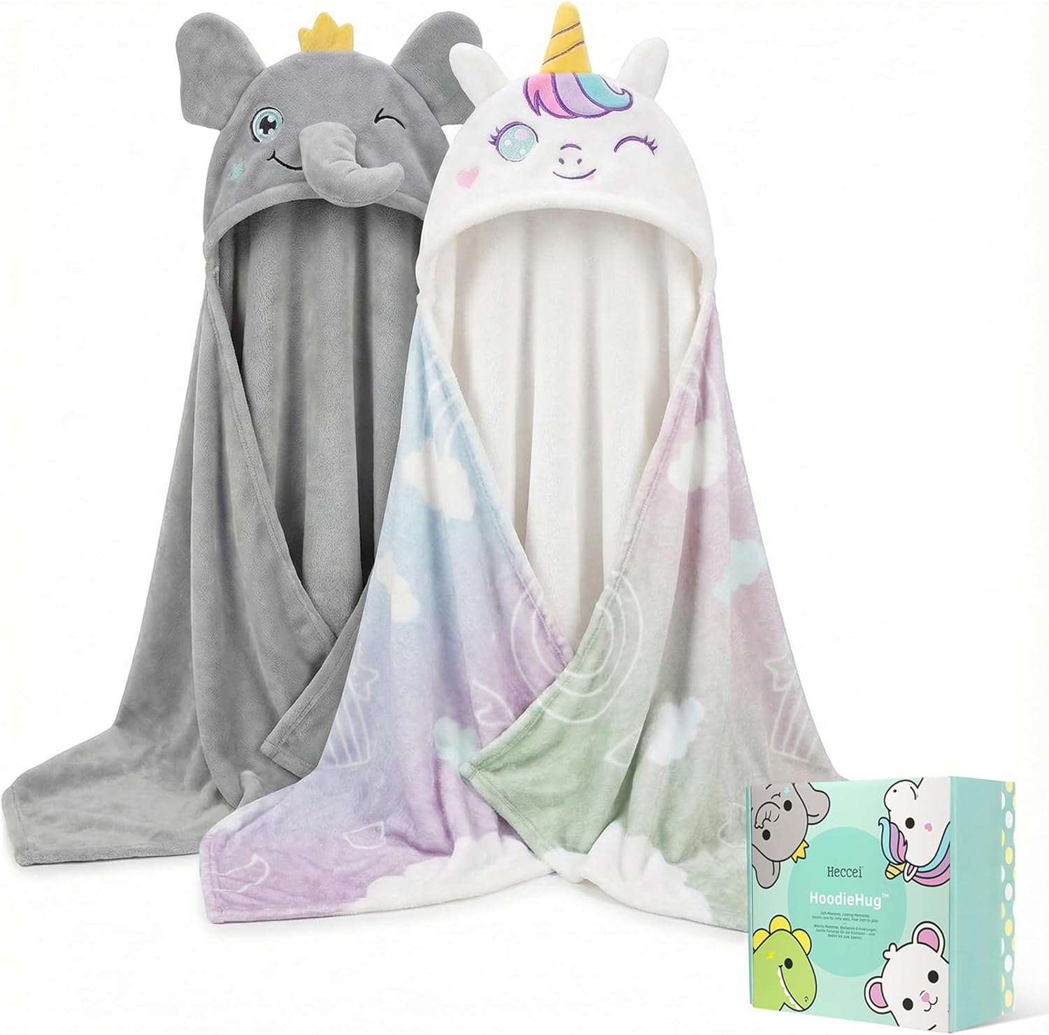 HECCEI 2-Pack Toddler Hooded Bath Towels – Unicorn & Elephant Set – Soft Absorbent Baby Bath Capes – Cute Animal Theme Gifts for Newborn Girls & Boys – Large Size (0-5 Years)