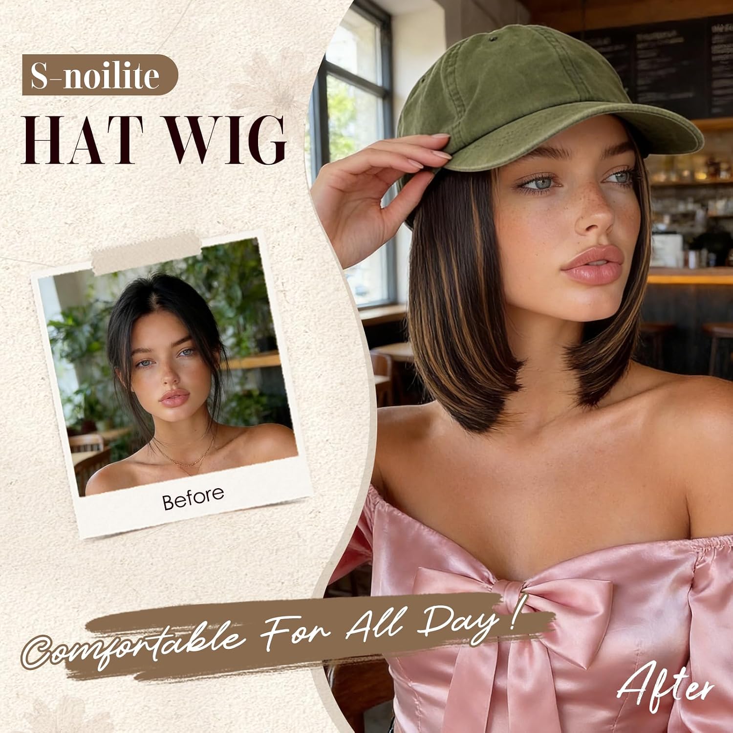 S-noilite Hat Wigs for Women Baseball Cap with Synthetic Hair Extensions Medium Brown mix Dark Blonde Wig Adjustable Green Hats with Short Straight Hair Attached for Women Daily Wear 6 Inch