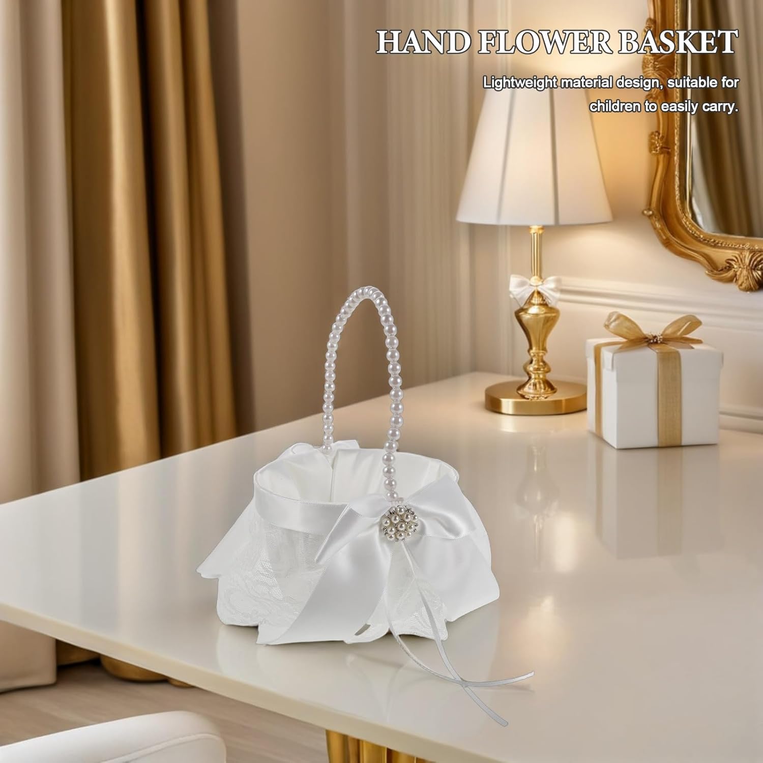 PRETYZOOM Wedding Flower Girl Basket with Pearl Handle Satin Bowknot Lightweight Lace Basket for Ceremony Petals Confetti 7.87X6.10X5.11In