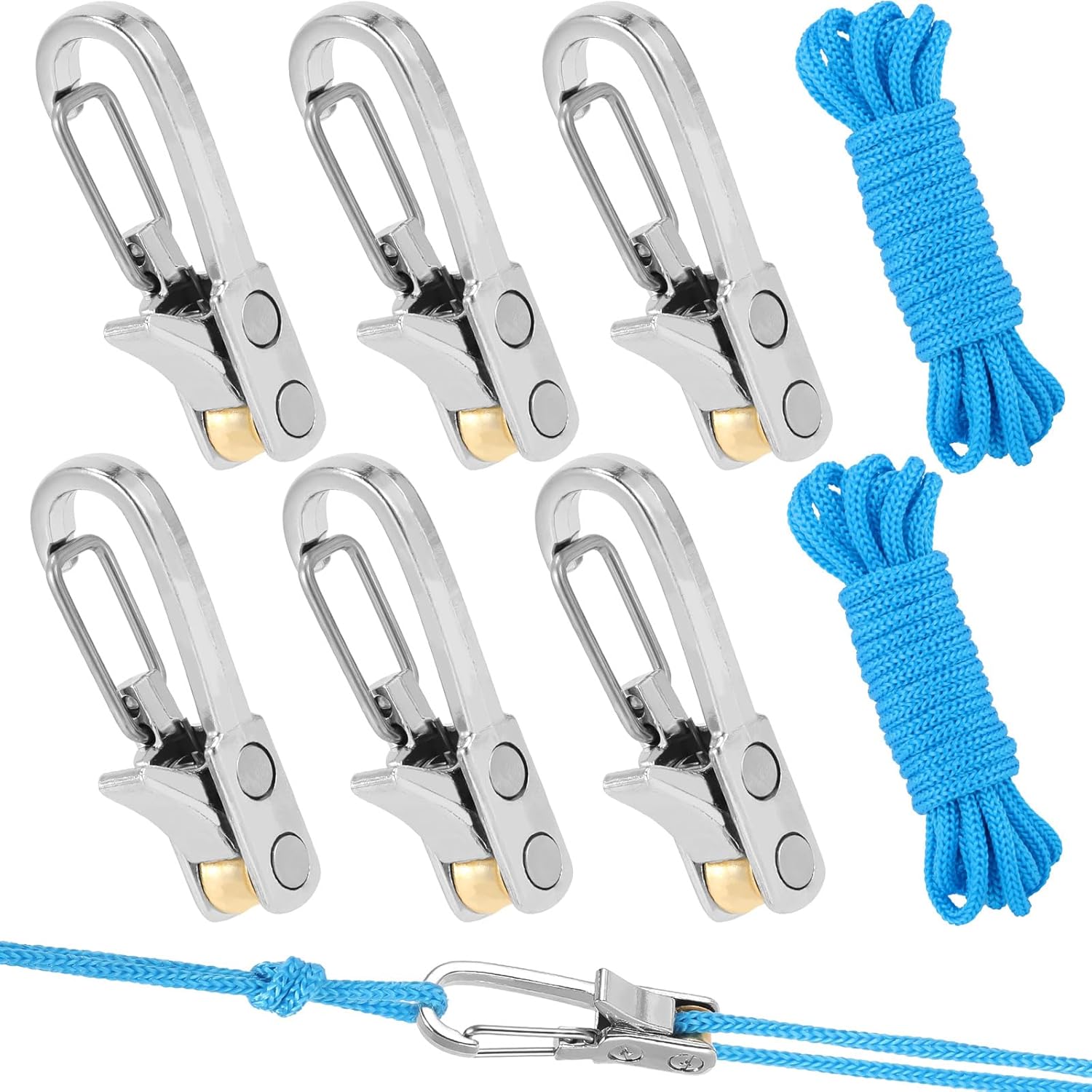 Rope Tightening Tool & Tensioner with Roller Cam Buckle Technology, Heavy-Duty Retractable Tie Down Rope for Camping, Tent, Tarp, Hammock, Boating & Outdoor Gear Securing（6-Pack）