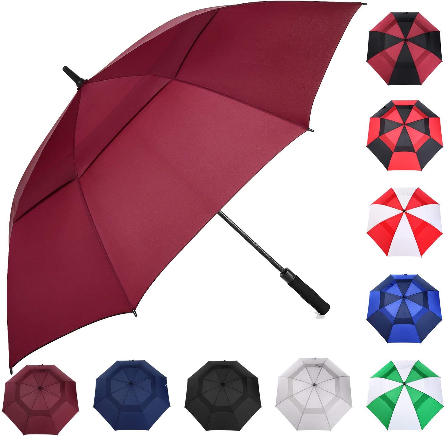 MRTLLOA 54/62/68/72 Inch Automatic Open Golf Umbrella, Extra Large Oversize Double Canopy Vented Windproof Waterproof Stick Umbrellas for Rain Burgundy 62 inch