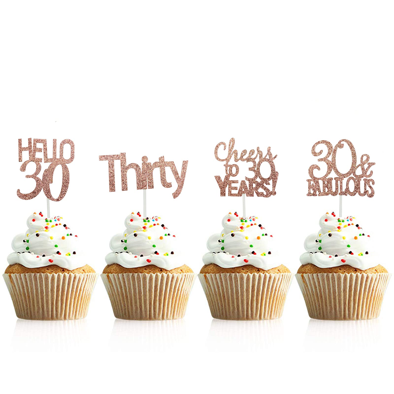 YzYbuaego24 Pcs Rosegold 30th Birthday Party Decoration - Hello 30 Cupcake Toppers, Cheers To 30 Years Cupcake Toppers, Thirty Cupcake Toppers, 30&Fabulous Cupcake Toppers (30)