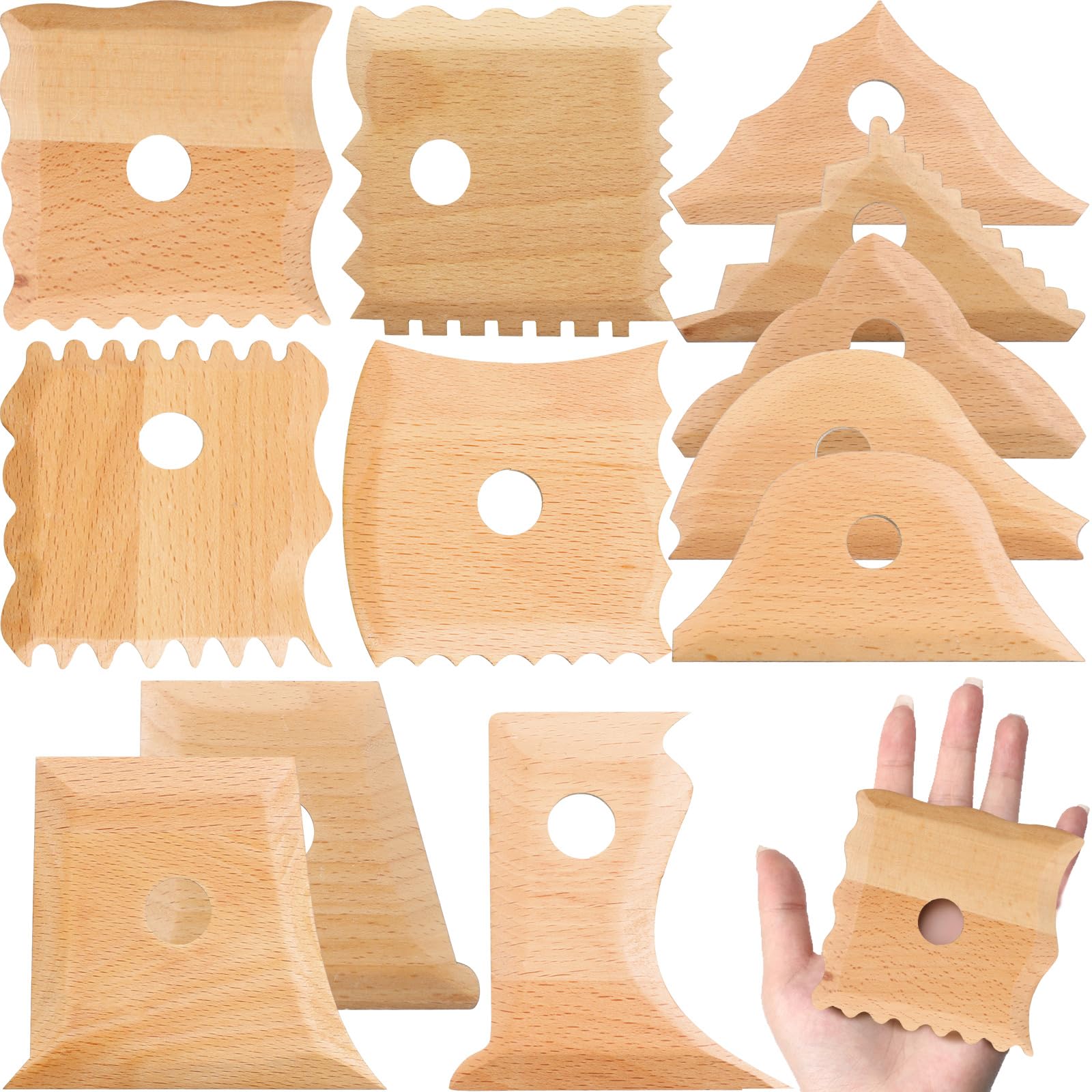 GlikCeil 12 Pcs Pottery Ribs Pottery Tools Pottery Foot Shaper Tools Pottery Trimming Tools Clay Texture Ribs Solid Beech Wood Pottery Ribs for Carving Clay Molds Clay Ceramics