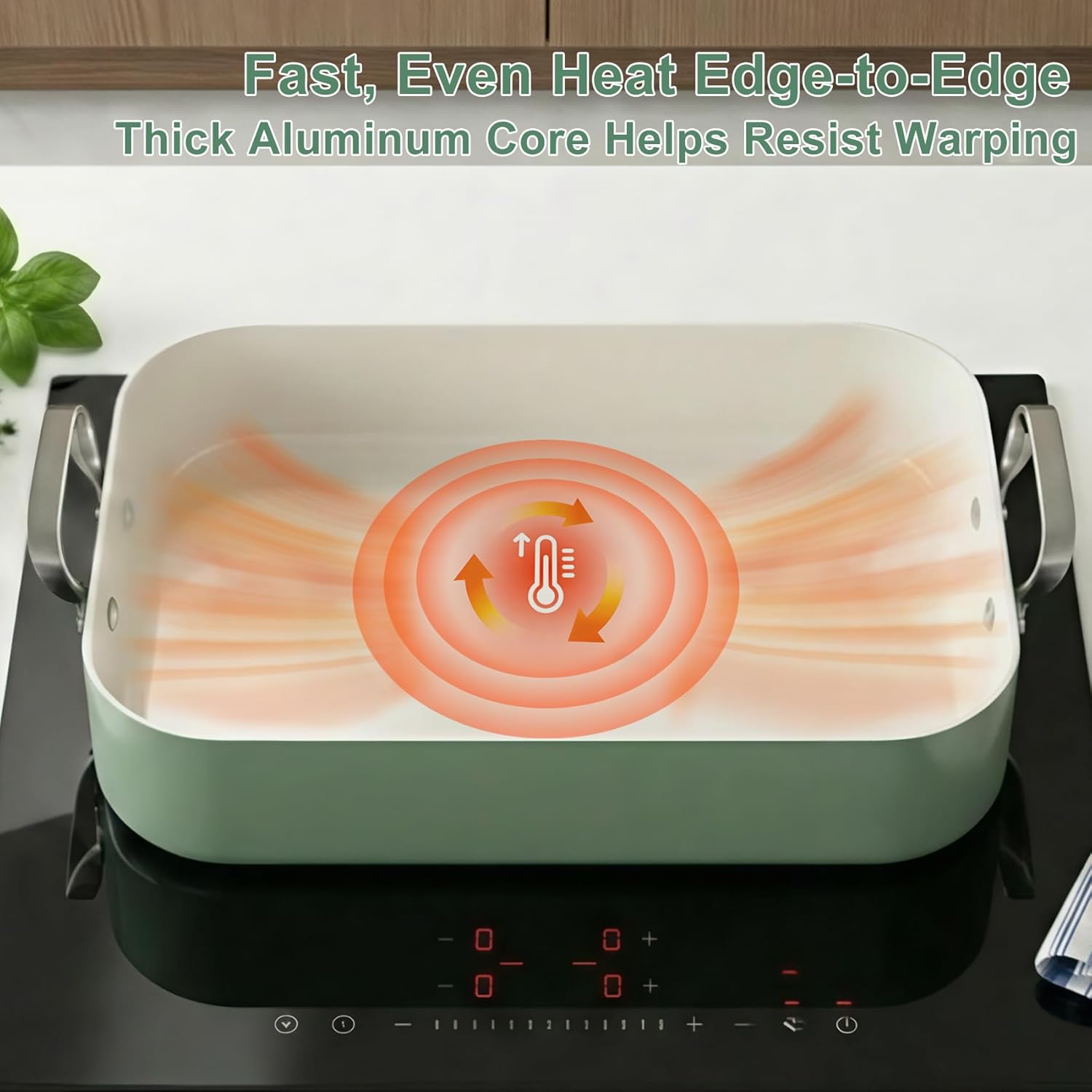 Double Burner griddle Pan,griddle pan for stove top & Oven,15.6x10.8 Ceramic Nonstick stovetop griddle,PFAS-Free,Induction Ready,Stainless Handles,Oven Safe 428°F,4.8QT Olive Green