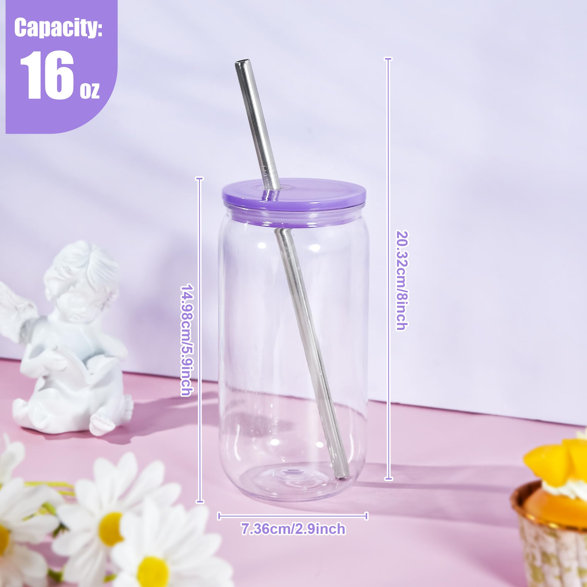 Vaso de plástico de 16 onzas, tarro Mason con tapa colorida y popote de acero inoxidable, 6 piezas
