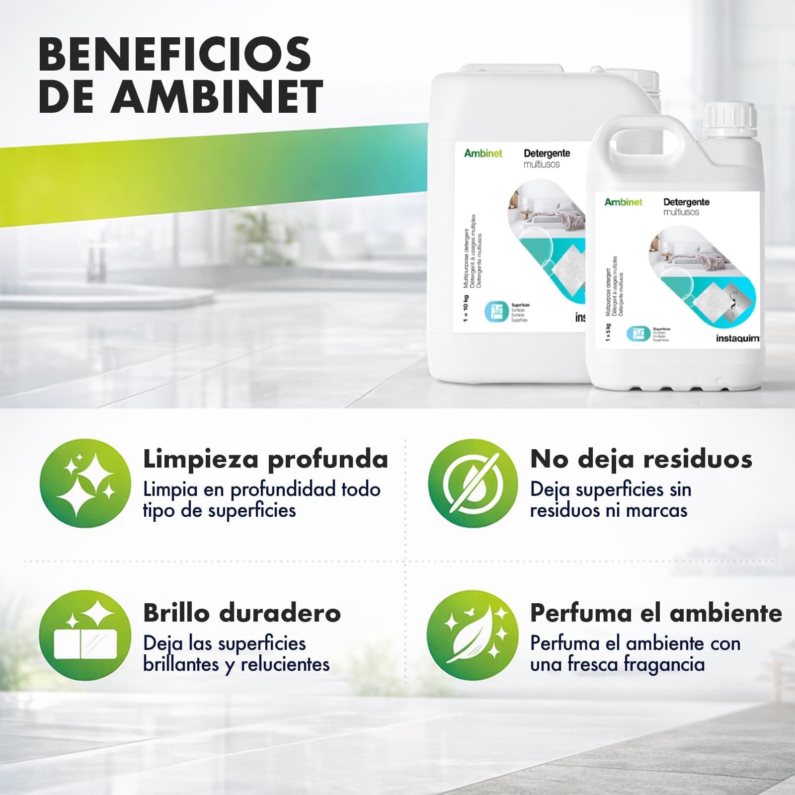 Ambinet Limpiador Multiusos 10L – INSTAQUIM | Detergente para Suelos y Todo Tipo de Superficies | Limpieza Diaria Profesional