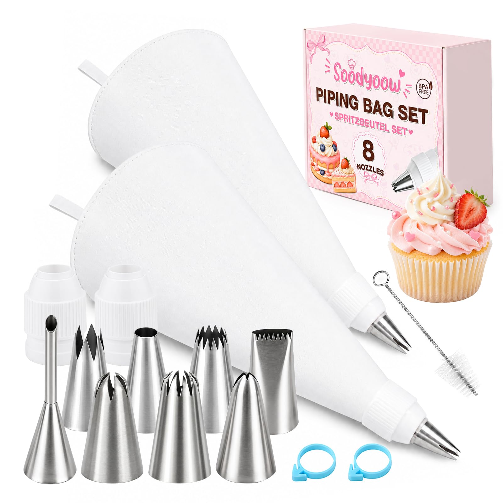 Soodyoow 15 Pcs Piping Bags and Nozzles Set, 12 Inch and 14 Inch Piping Bags, Reusable Icing Bags, 8 Nozzles, Piping Nozzles Set, Cake Piping Kit, for Cake Cupcake Dessert Decoration