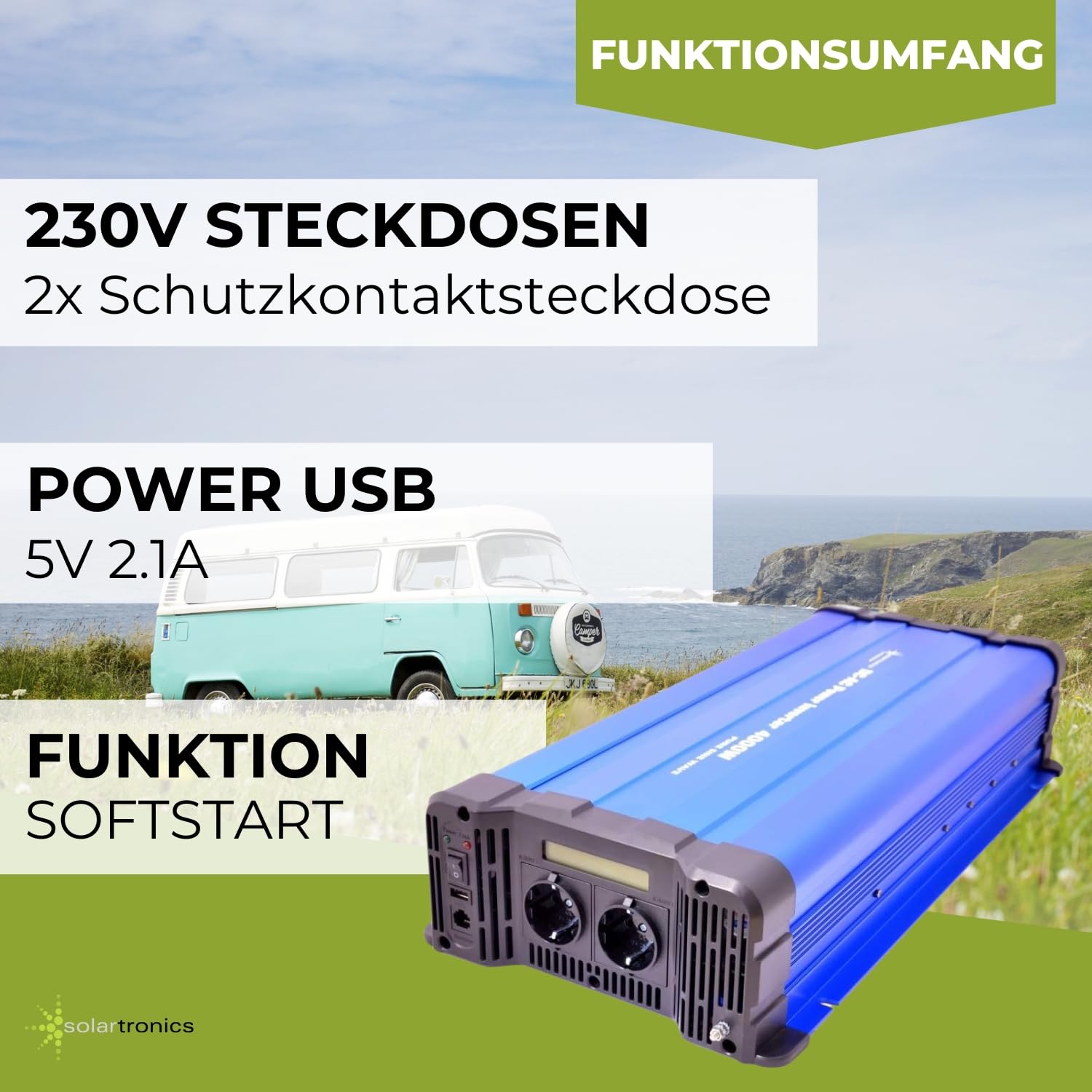 Solartronics Przetwornica napięcia FS4000D 48V 230V 4000 W Reiner Sinus NIEBIESKI z wyświetlaczem