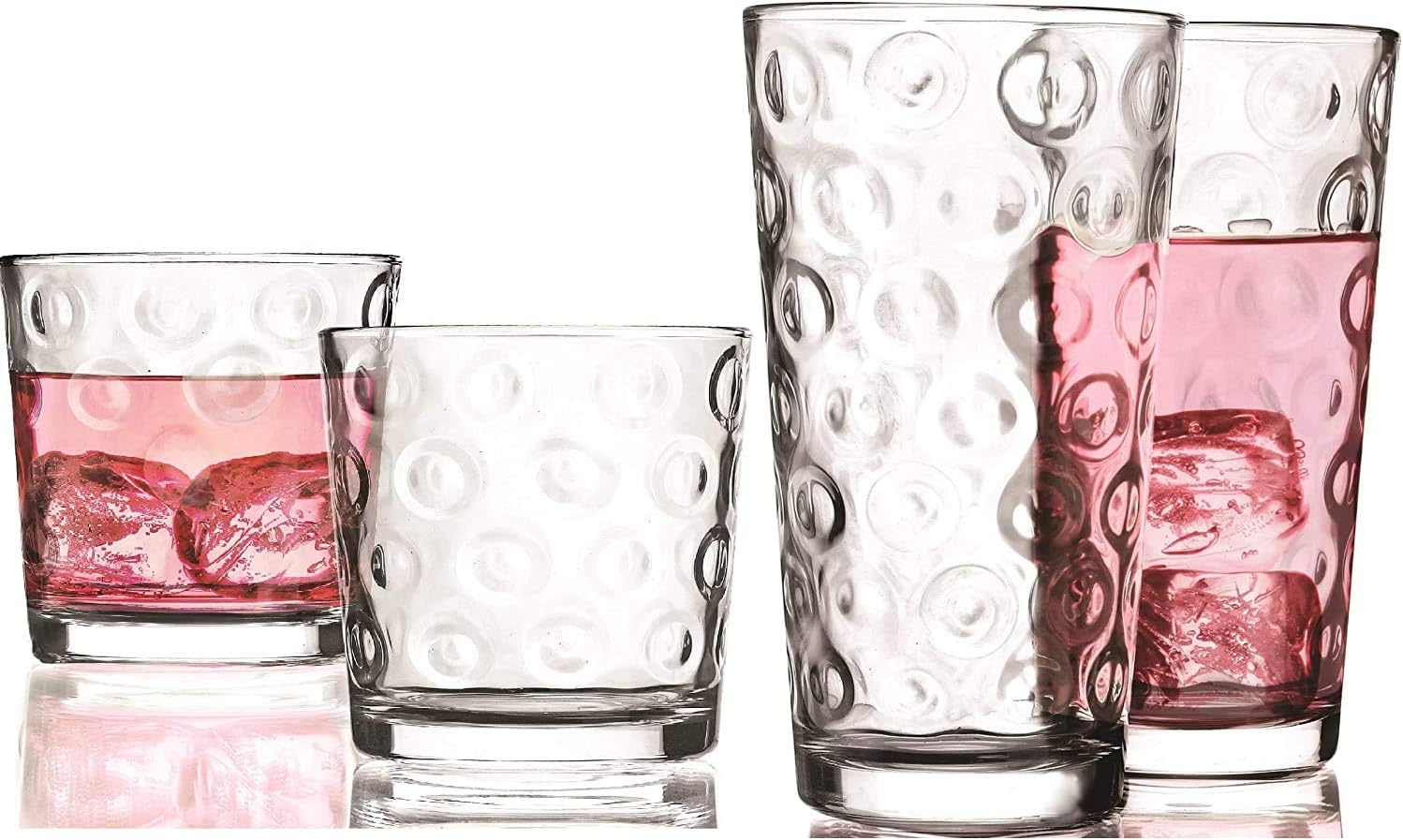 Circleware DoubleCircle Huge 16-Piece Glassware Set of Highball Tumbler Drinking Glasses and Whiskey Cups for Water, Beer, Juice, Ice Tea Beverages, 8-15.75 oz & 8-12.5 oz, Circles